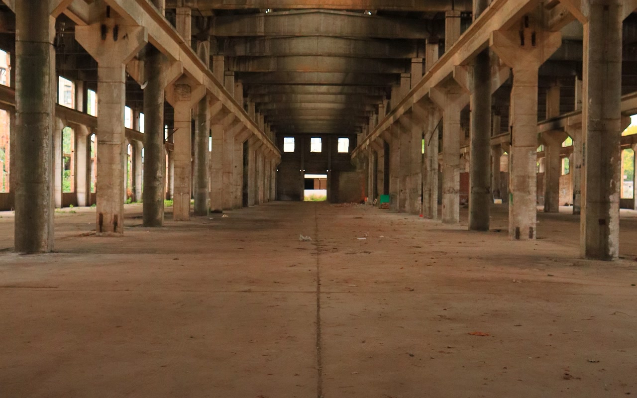 Wide interior view of an empty industrial warehouse with rows of bare concrete columns and daylight falling across the floor